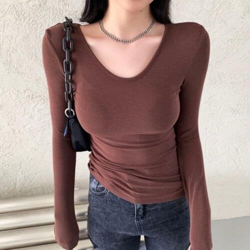 Women Base Shirt 2021 New Autumn Winter Fashion U Neck Long Sleeve Cotton Tops High Street Casual Solid Color Slim Fit Tops