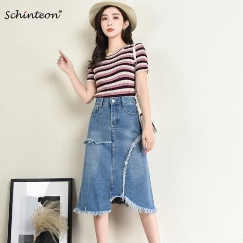 Schinteon Women Denim A-Lined Skirt Patchwork Jeans Vintage Skirt Tassel Elastic High Waist Plus Size S-9XL New Spring Summer