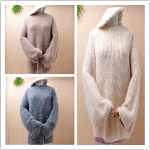 Ladies women winter thick warm medium turtleneck hairy mink cashmere knitted long flare sleeves loose pullover angora fur jumper