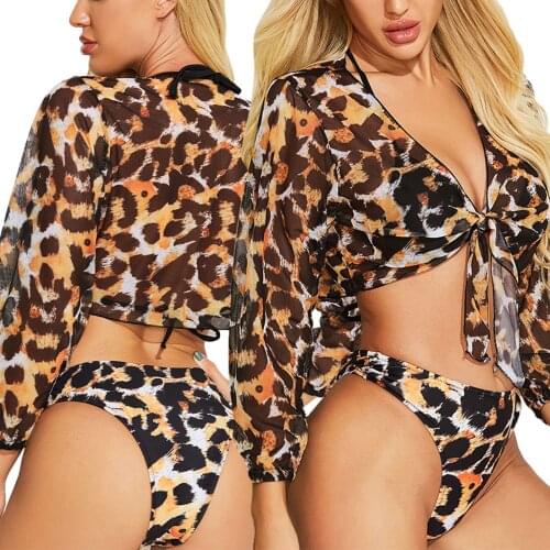 Womens 3 Piece Bathing Suit, Long Sleeve Knot Front Leopard Cover Ups + Triangle Bikini Tops + Shorts Set