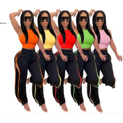 Women 2 Piece Pants Sets Solid Crop Tank Tops and Side Split Sweatpants Outfits Woman Two Pieces Sets Tracksuits Female