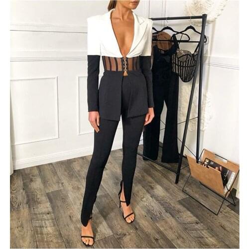 Celebrity Bandage Dress Elegant Woman Blazer Suit White Black Hollow Out Long Pants Two Pieces Set Vintage Vestios