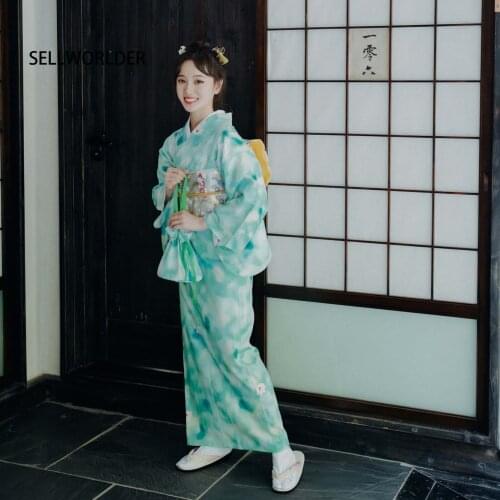 2019 SELLWORLDER retro Japanese Kimono Style yukata Girl Mint Green dress Woman Lotus leaf print Long Dress with handbag