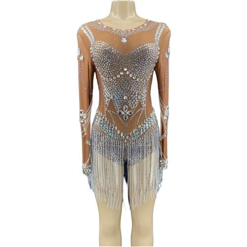 New Silver Rhinestone Chain Fringes Transparent Bodysuit Women Dancer Long Sleeve Outfit Birthday Prom Evening Wear Bodysuit