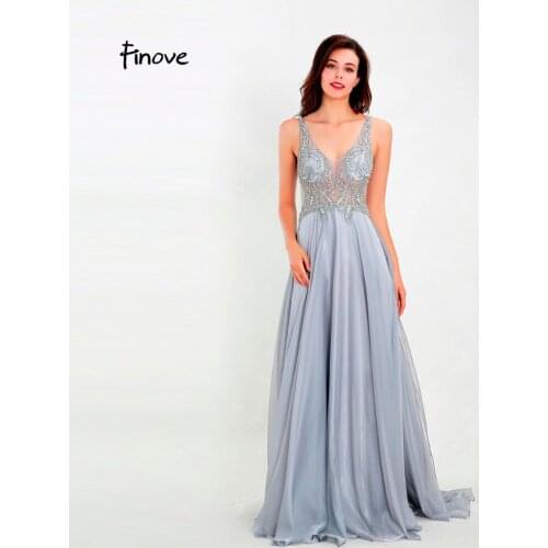Finove Evening Dress 2020 Long Woman Dress Sliver Fully Beaded Comfortable Chiffon ALine Design Sexy V Neck Party Gown Plus Size