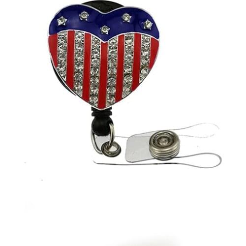Rhinestone Bling Crystal reel retractable ID badge holder - American Heart Flag