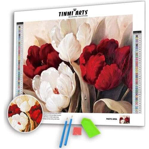 5D DIY Diamond Paintings Full Round Red White Tulip Mosaic Art Cross Stitch Painting Flower Kits Embroidery Stickers Decor Home
