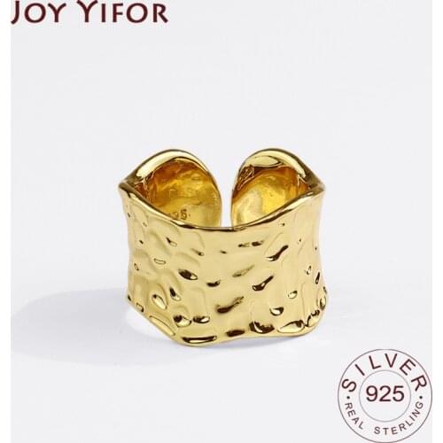 925 Sterling Silver New Simple Design Wide Gold Color Rings Retro Distressed Opening Handmade Ring Fashion Fine Jewelry