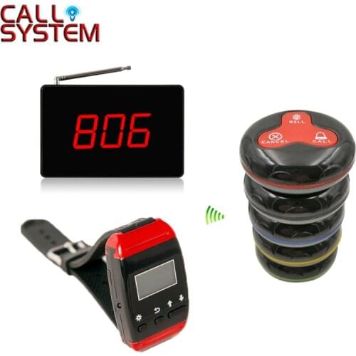 Wireless Restaurant Calling System Best Selling Display+Watch Pager+Table Call Bells( 1 display+4 watch+35 call button )