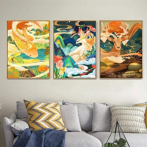 Chinese Style Koi Elk National Wall Art Poster Canvas Art Print Painting Living Room Home Decoration