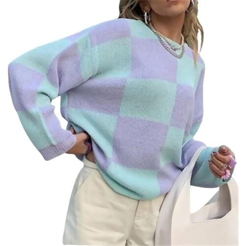 Breathable Girls Long Sleeve Knitwear Autumn Winter Ladies Double Color Plaid Round Collar Loose Knitted Tops Casual Sweater