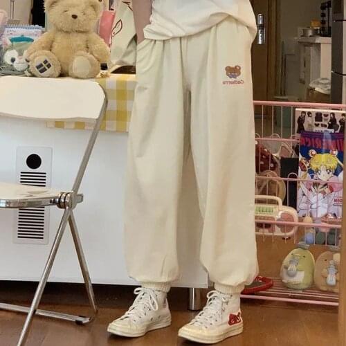 HOUZHOU Kawaii Harajuku Joggers Pants Women Soft Girl Loose Beige Baggy Korean Fahion Pink Gray Trousers Women Bear Embroidery