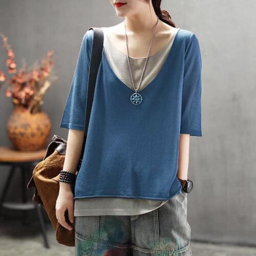 Cotton Short-sleeved T-shirt Tops Womens Summer New Style Stitching T-shirt Womens Loose Plus Size Half-sleeved Tops