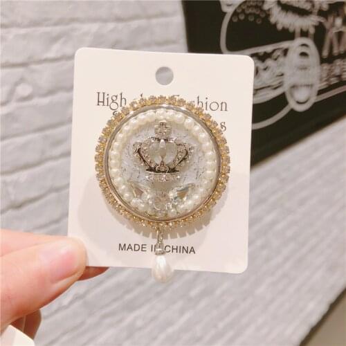 Korean High Grade Brooches Round Crown Pearl Crystal Rhinestone Brooch Vintage Pin Shawl Clasp Scarf Buckle Women Accessories