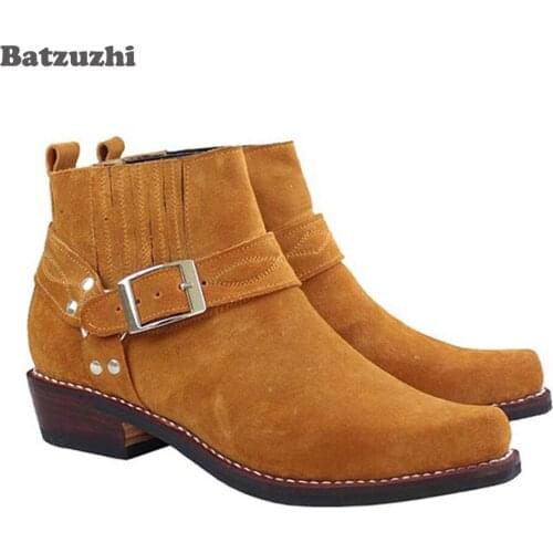 Handsome Western Cowboy Mens Boots Shoes Genuine Leather Ankle Boots Men Suede Buckle 3.5CM heel Motorcycle/Riding Botas Hombre