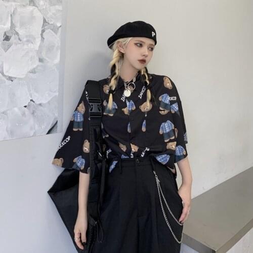 Summer European And American High Street Thin Ladies Shirts Harajuku Cartoon Bear Print Personality Mens Wild Short-Sleeved Top