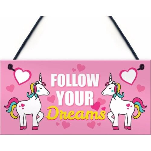Meijiafei Follow Your Dreams Shabby Chic Unicorn Wall Bedroom Quote Plaque Sign Friendship Birthday Sign 10"x5"