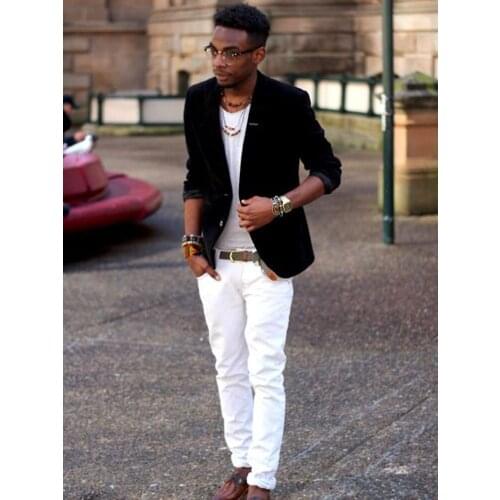 ANNIEBRITNEY Black 2 Piece Slim Fit Men Suit With White Pants Groom Wedding Tuxedo 2 Piece Prom Wedding Business Men Suit Set