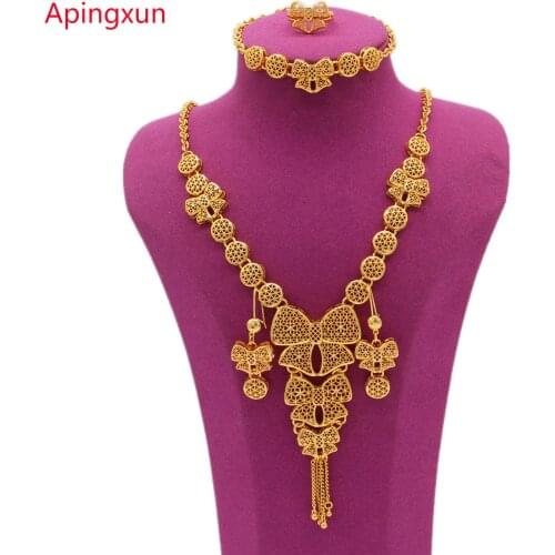 Apingxun Bowknot Shape Gold Color/Copper Necklace&Earrings&Ring&Bracelet Jewelry Set For African Women French Bridal Wedding
