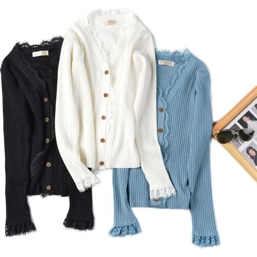 2020 Autumn New Knitted Sweater Womens Outer Knitted Long-sleeved Shirt Tight-fitting Lace V-neck French Retro Fashion Jacket