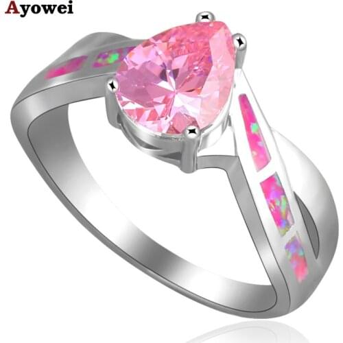 New arrival Elegant Water drop Pink Zircon Blue fire Opal Silver Stamped Rings Fashion Jewelry USA size #7 #7.75 #8.5 OR550A