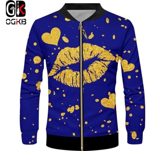 OGKB Brand Mouth Lips Gold and blue Men Zip Jacket 3d Whole Body Printing Glitter Casual 2019 Cool Harajuku 6XL