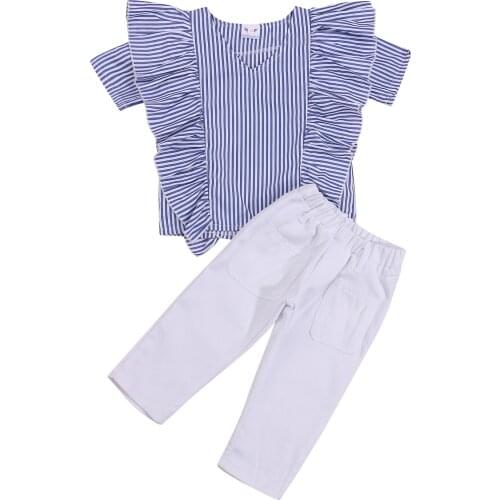 2-7Y Fashion Children Kid Girls Summer Clothes Sets 2pcs Ruffle Blue Stripe Short Sleeve Shirt Tops Casual Long Pants
