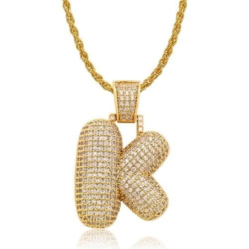 Lucky Sonny Top Quality Bubble Letter K Pendant Necklace Cubic Zirconia Paved Alphabet Gold Color Initial Hip Hop Jewelry Bijoux