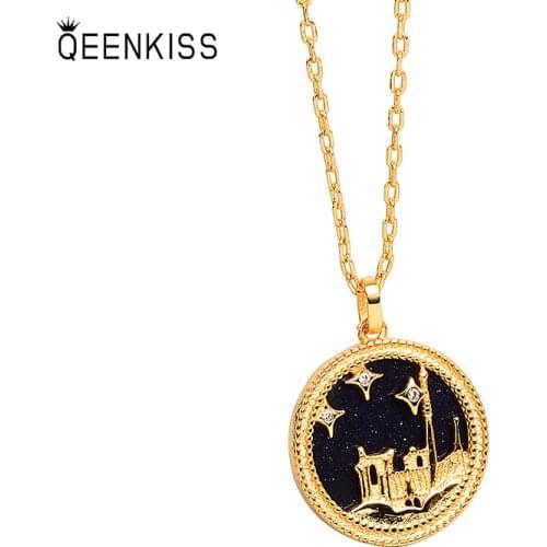 QUEENKISS NC640 2021Fion Jewelry Wholesale Fashion Lady Girl Birthday Wedding Enamel Coin Round 18KT Gold Pendant Necklace