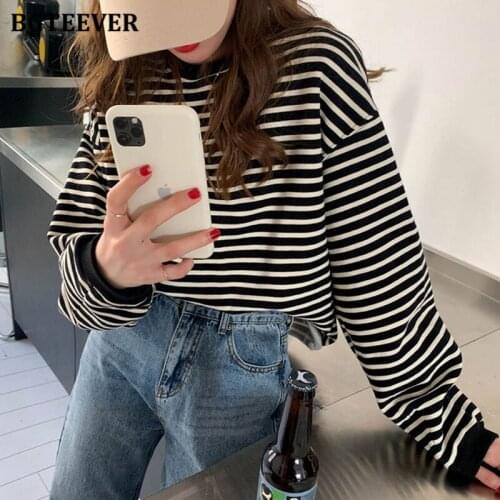 BGTEEVER Stylish O-neck Striped Sweatshirts for Women Full Sleeve Loose Thicken Warm Fleece Ladies Pullovers 2021 Autumn Winter
