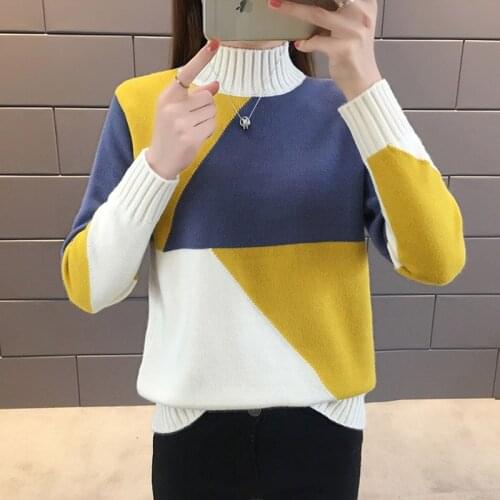 Korean Female Sweater Pullover New Fashion Contrast Color Long Sleeve Knit Jumper Loose Half Turtleneck Sweater Women Clothing