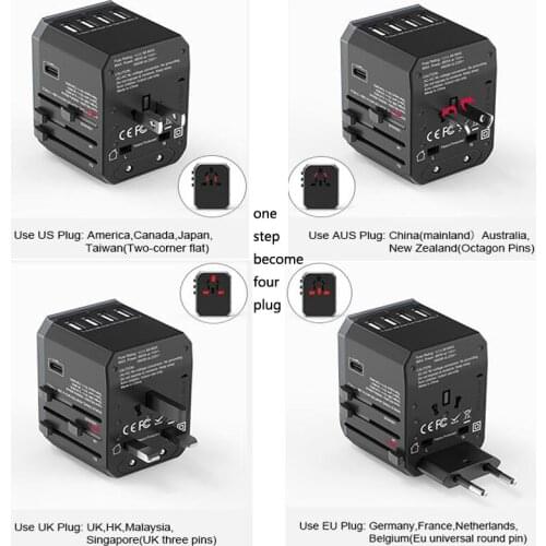 Smart IC socket adapter universal travel adaptor Type C 5USB 5.6A quick wall charger outlet plug UK EU US AU