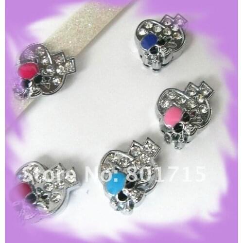 In stock 100pcs 8mm zinc alloy and Rhinestone & with Mix Color skull Slide Charms DIY Accessories Fit keychain Wristbands Belts