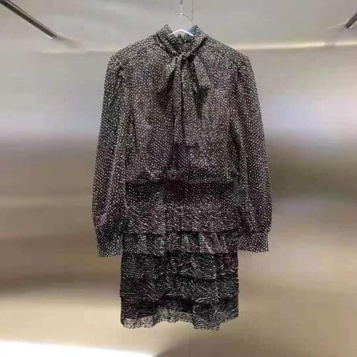 Spot 2021 spring womens new wave point lace up cake skirt black long sleeve dress lace skirt 3d1o501