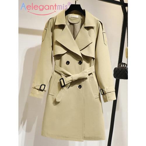 Aelegantmis Casual Double Breasted Long Trench Coat Women Fashion Belt Office Lady Coat Chic Autumn Winter Outerwear Khaki