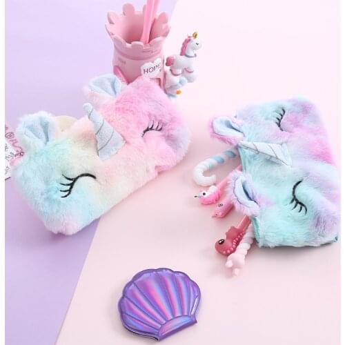 Women Cartoon Rainbow Fur Cosmetic Case Travel PU Storage Package Girl Large Capacity Unicorn Makeup Bag Student Pencil Case