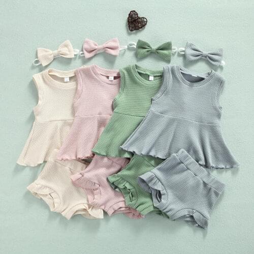 3Pcs Baby Girls Outfit Suit Summer Solid Color Sleeveless Ribbed Wide Hem Tops+Stringy Selvedge Shorts+Headwear Infant Clothes