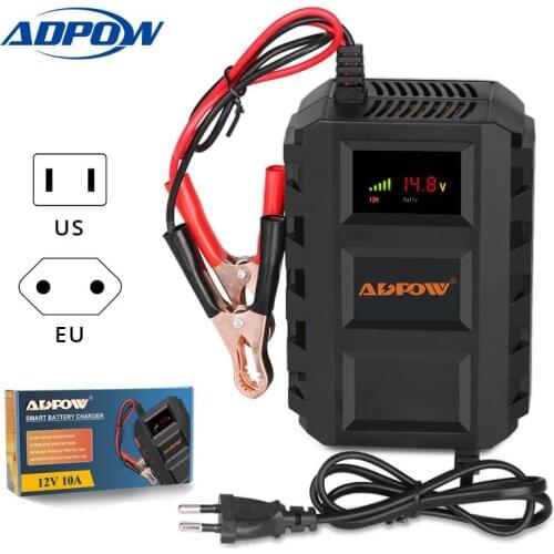 ADPOW Automatic 12v 10A Car Battery Charger For Lead Acid Power Maintainer Charging Motorcycle Auto 110v 220v LCD Display