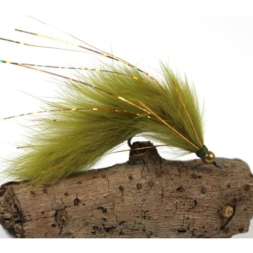 Bimoo 6PCS 6# Olive Copper Beadhead Zonker Fly Fishing Streamers