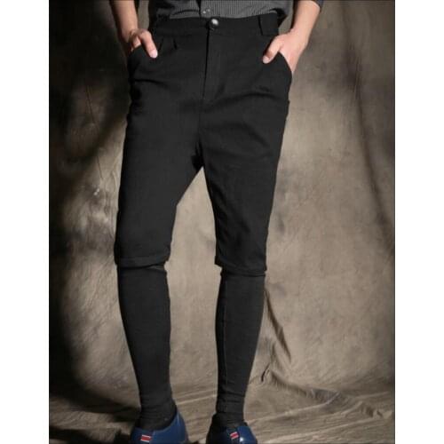 27-44 New Fake Two Harem Pants Tide Men Young Fashion Personality Leggings Feet Slacks Hairstylist Slim Trousers Singer Costumes