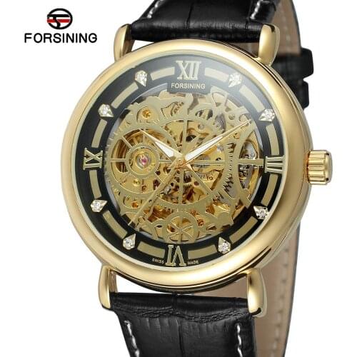 Forsining Retro Roman Hollow Rhinestone Dial Mens Watches Fashion Casual Automatic Mechanical Man Watch Clock Relogio Masculi