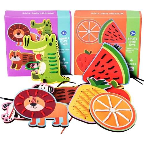 Wooden animal fruit rope play Montessori early education toy wooden cartoon jigsaw puzzle 4 pieces / box jigsaw puzzle gift