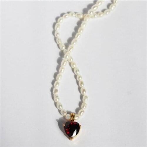 European And American Retro Wine Red Love Heart Pendant Freshwater Clavicle Fashion Necklace for women