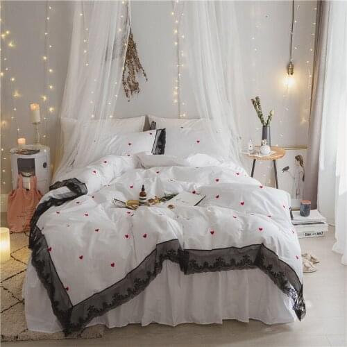 2017 New Black lace bedding sets Heart embroidery girls bed linen duvet cover bed sheet pillow case set king queen size