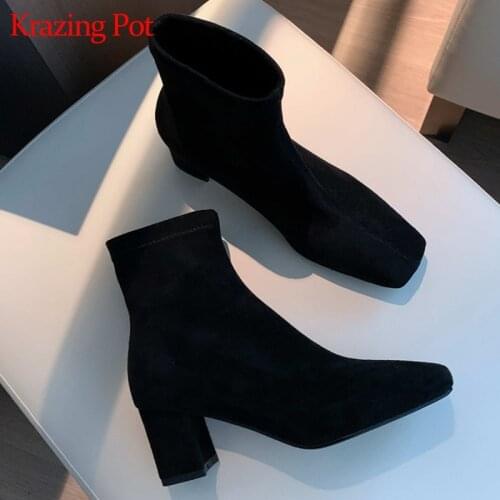 Krazing pot microfiber square toe streetwear Chelsea boots plus size slip on med heels superstar work stretch ankle boots L7f1