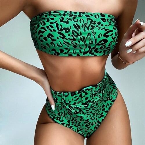 High Waist Leopard Print Bandeau Swimsuit Tube Top Bikini Bottoms Sashes Swimwear Bathing Suits Swimming Women Summer Beach Wear