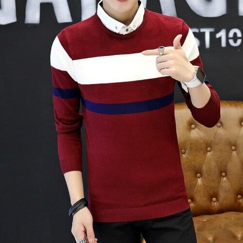 Men Sweater Long Sleeve Black Beige Navy Blue Fake Two Pieces Turn-down Collar Pullovers Casual Mens Sweaters New Fashion