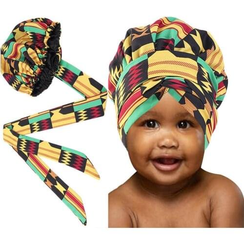 New Kids Bonnet African Pattern Ankara Print Wrap Bonnet With Long Ribbon Children Hair Styling Hear wrap Baby Hair Accessories