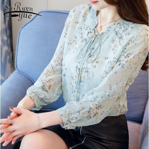 New Fashion 2019 Sweet Chiffon Women Tops Spring Printing Casual Women Clothing Long Sleeve Bow Women Blouses Plus Size 5525 50