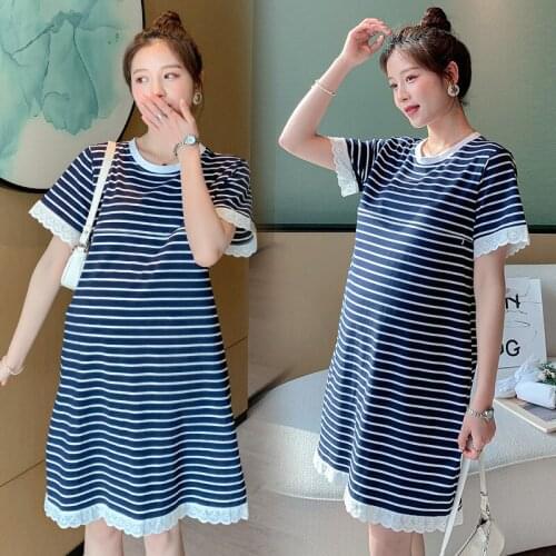 New Summer Stripe Lactation Dress Short Sleeve Lace Patchwork Cotton Pregnant Women Nursing Dress Maternity Breastfeeding Dress
